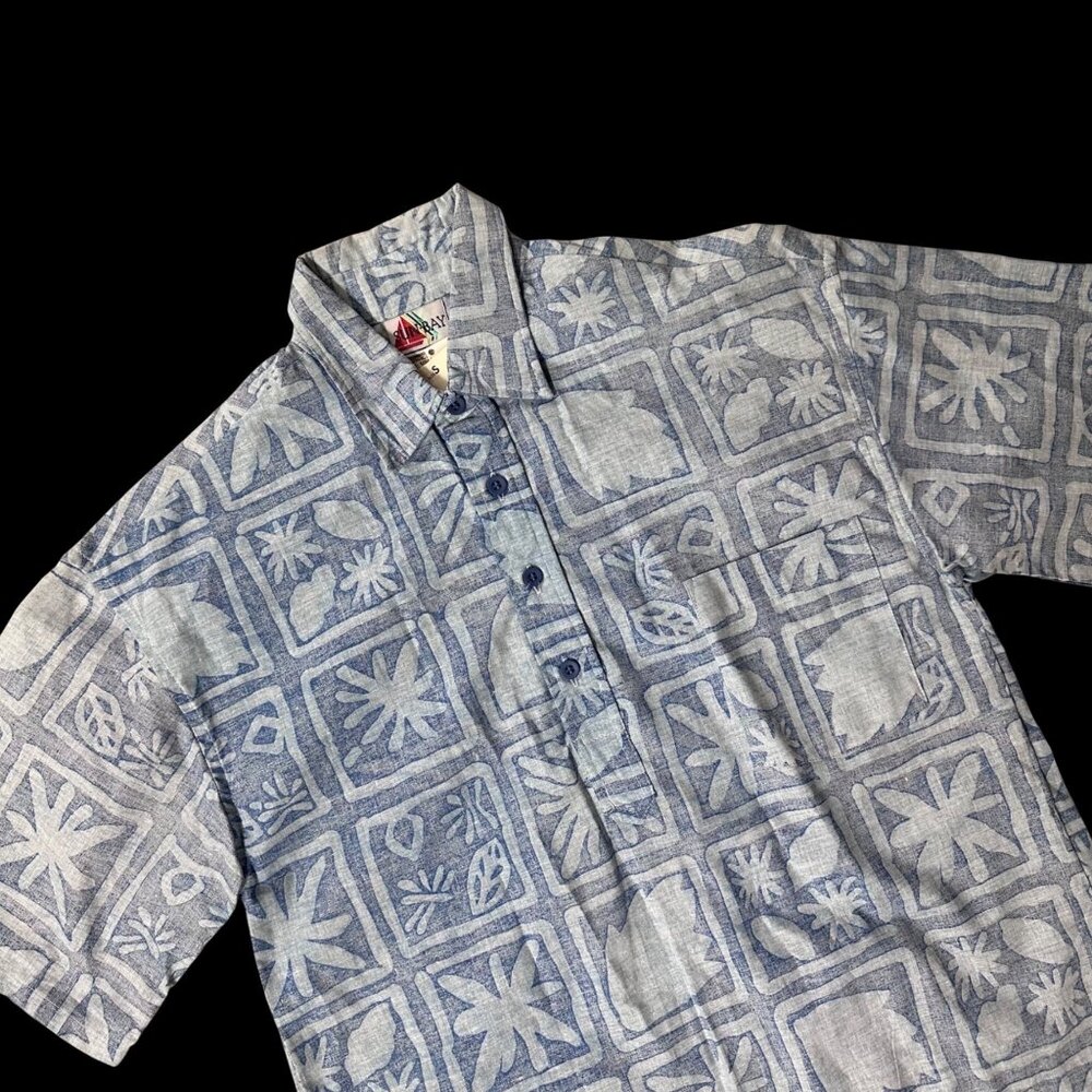 Vintage Hawaiian Shirt Small Blue Floral Short Sleeve 1980s Sears Sun Bay USA